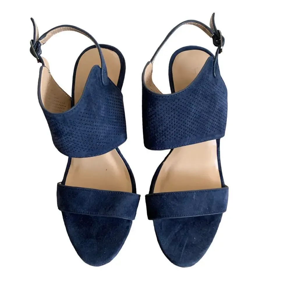 H by Halston Suede Open Toe Wedge Navy Blue McKenzie Sandals Size 5.5 NWOT